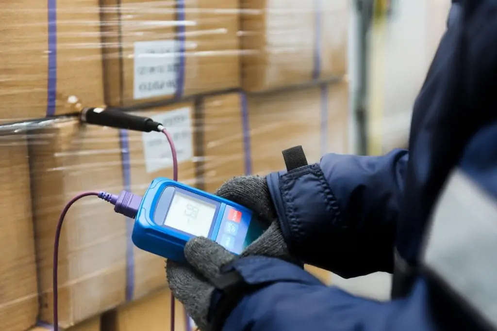 Warehouse worker taking temperature in goods cold room