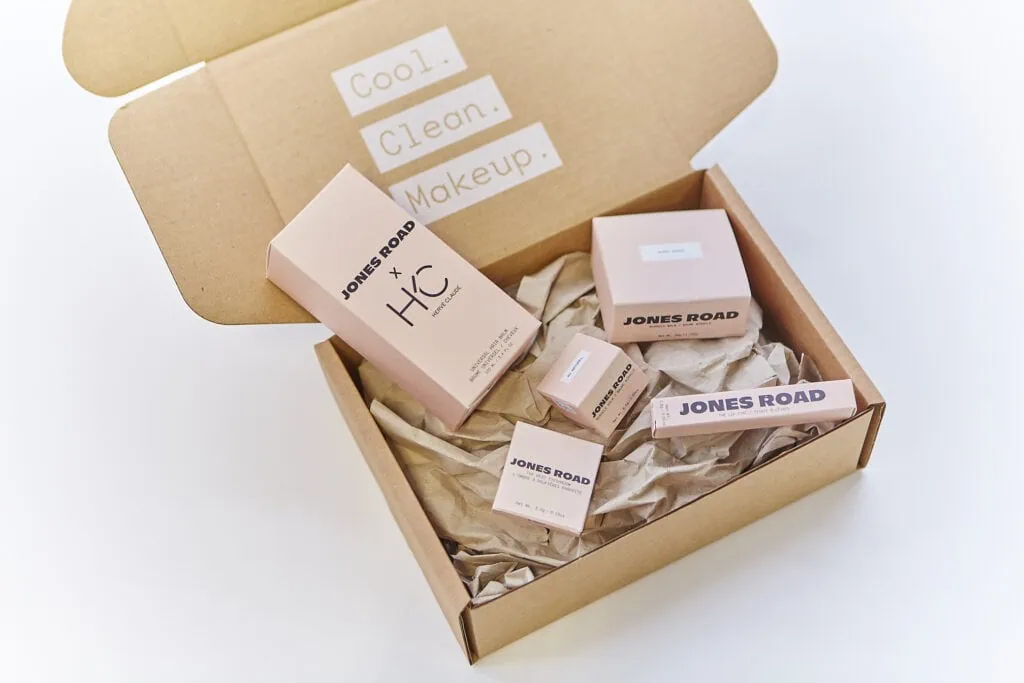 Jones Road Beauty products in e-commerce cardboard packaging