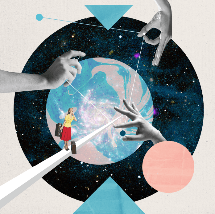 Graphic showing a planet and hands
