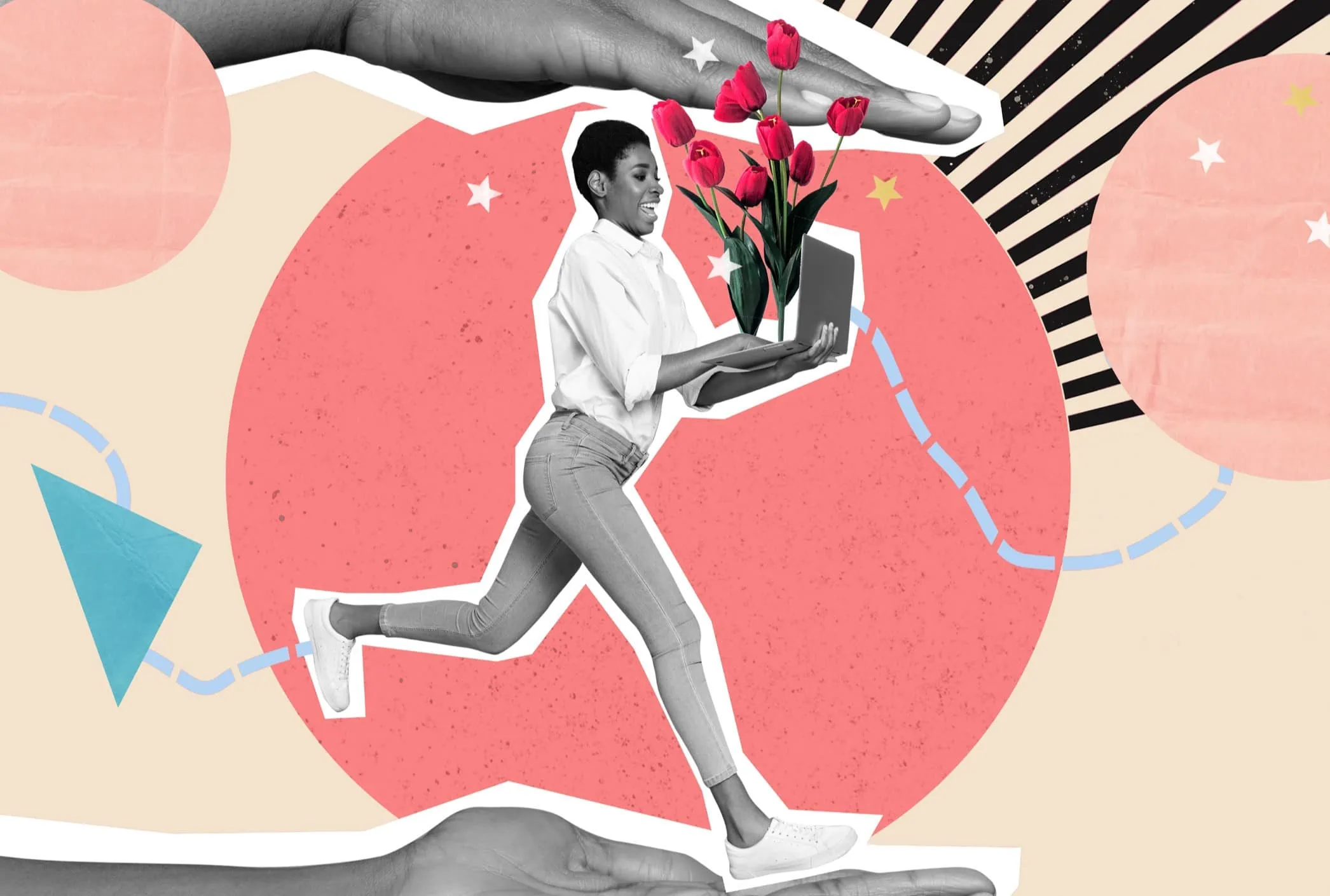 Graphic showing a lady holding a laptop