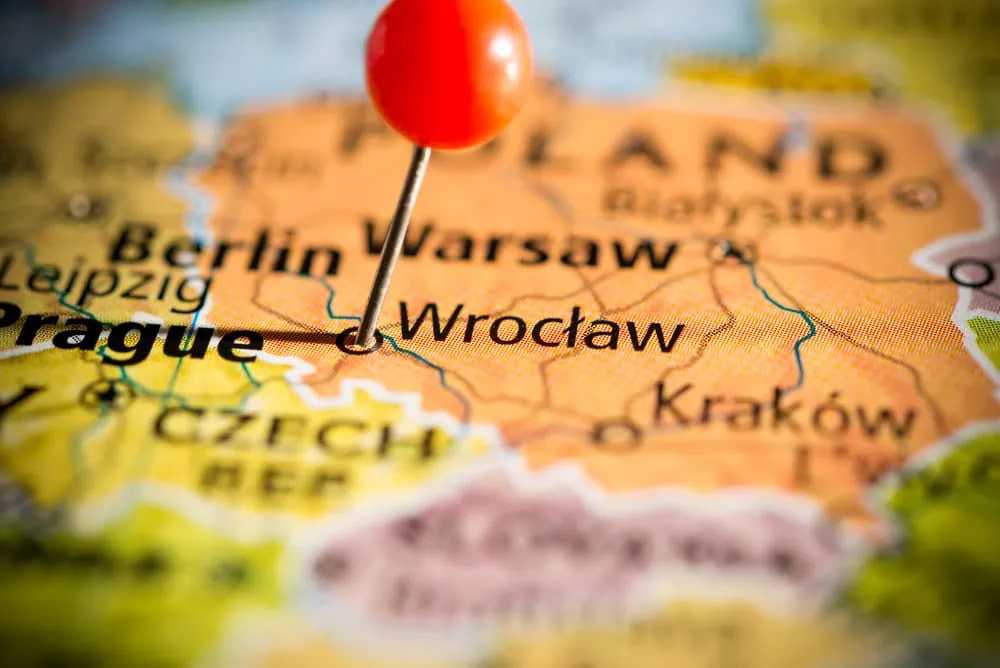 map showing Poland with a pin in Wroclaw