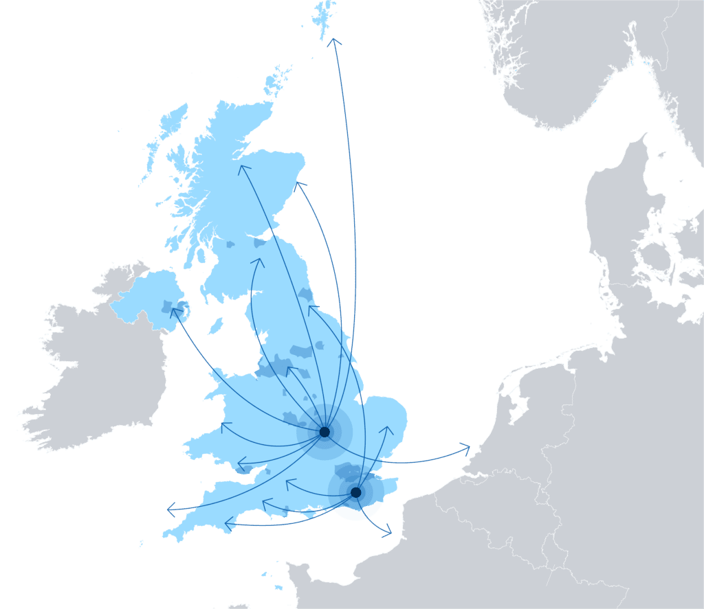 Map of UK with lines showing distribution reach from ILG sites